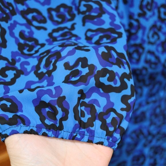 Vintage Royal Blue Black Floral Print Long Sleeve Knee Length Dress 1980s USA - Picture 7 of 15